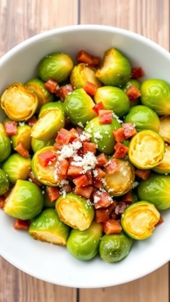 Crispy Brussels sprouts with bacon and Parmesan cheese in a bowl on a wooden table.